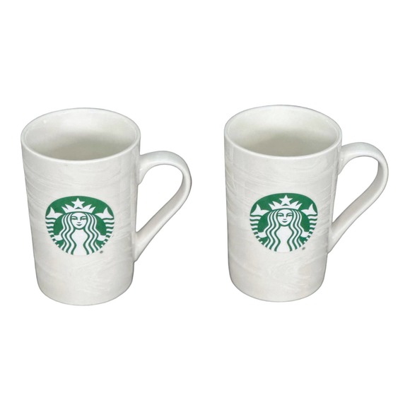Starbucks White Swirl Green Siren Logo Coffee Mugs Set (2) Bone China - Picture 2 of 8